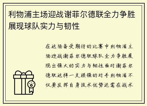 利物浦主场迎战谢菲尔德联全力争胜展现球队实力与韧性